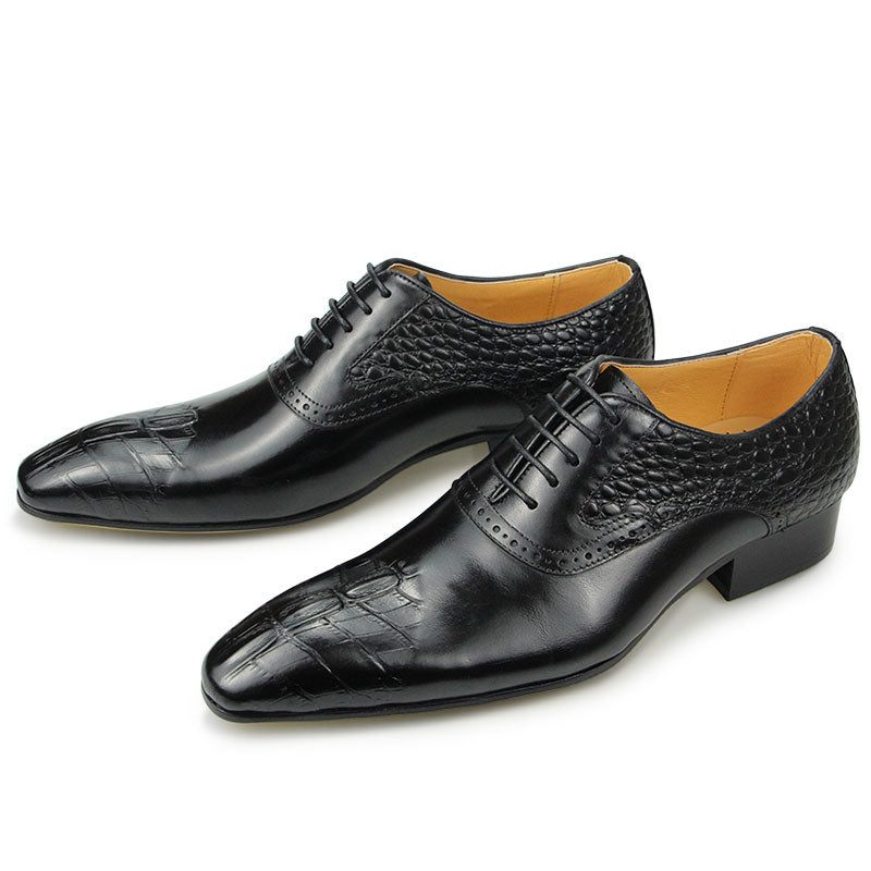 Sapatos Formais Masculinos Luxo Com Textura Crocodilo Bico Fino Oxford - Preto