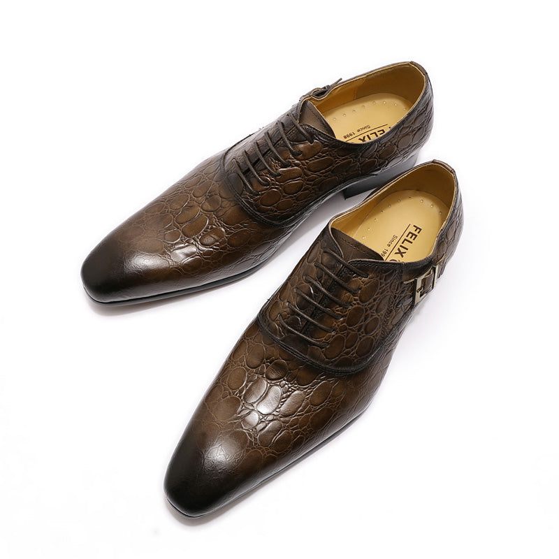 Sapatos Formais Masculinos Luxo Couro Crocodilo Bico Fino Sociais Oxford - Café