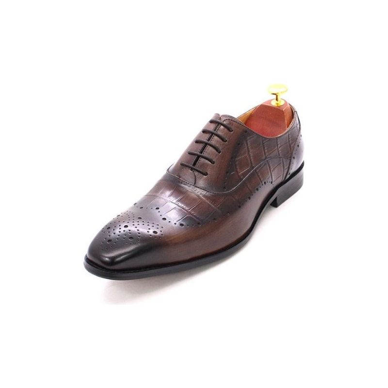 Sapatos Formais Masculinos Luxo Em Couro Crocodilo Brogue Oxford - Café