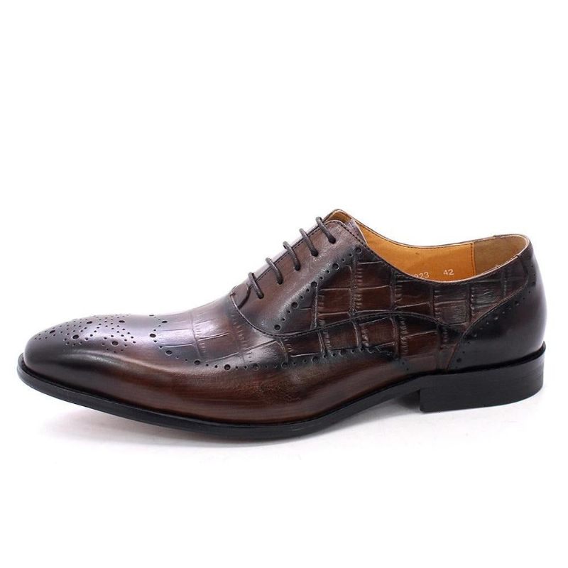 Sapatos Formais Masculinos Luxo Em Couro Crocodilo Brogue Oxford - Café