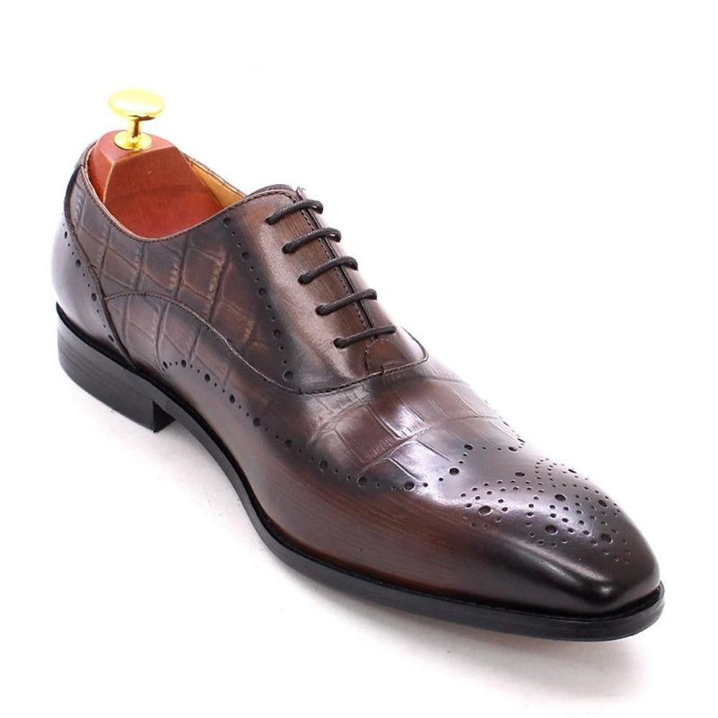 Sapatos Formais Masculinos Luxo Em Couro Crocodilo Brogue Oxford - Café