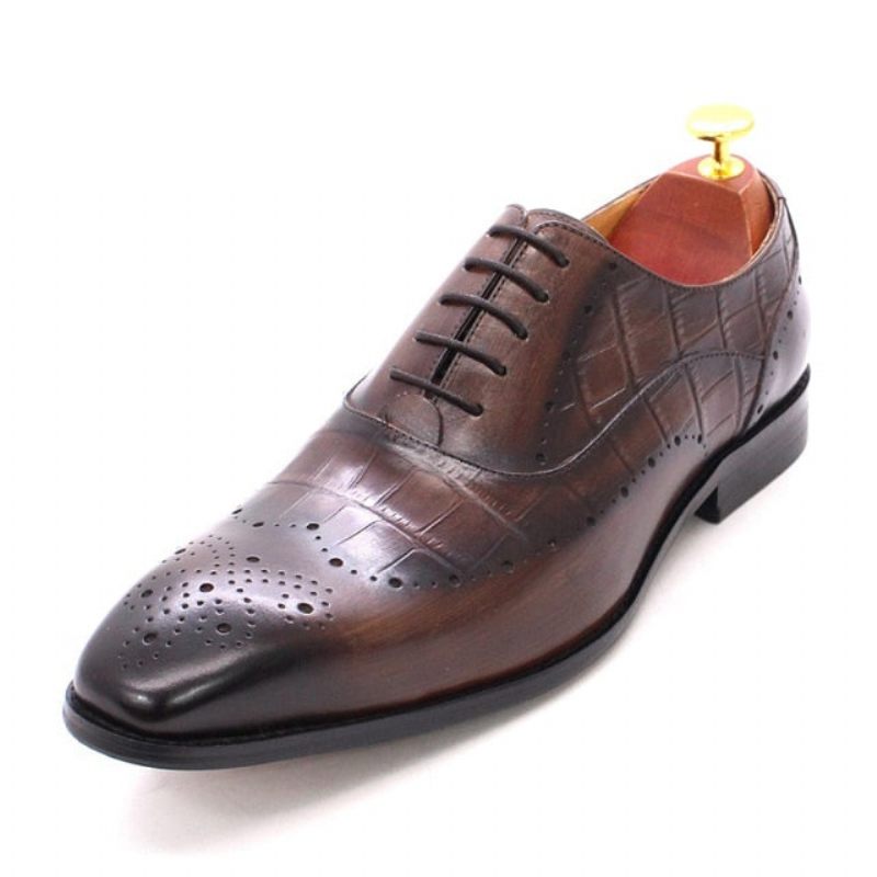 Sapatos Formais Masculinos Luxo Em Couro Crocodilo Brogue Oxford - Café