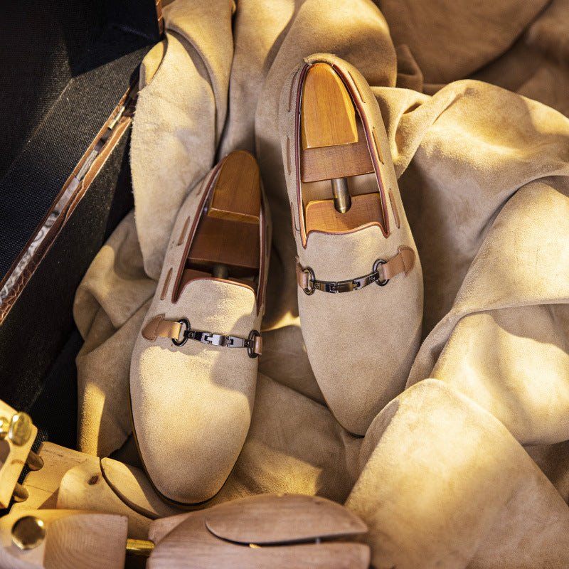 Sapatos Formais Masculinos Mocassins Couro Elegantes Sem Cadarço - Bege