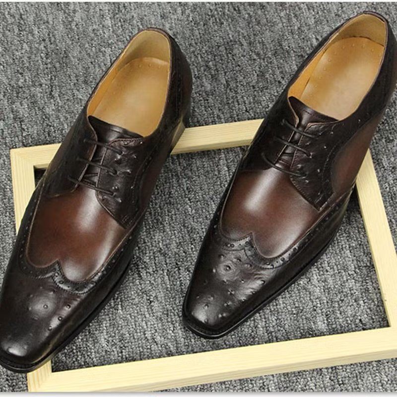 Sapatos Formais Masculinos Modernos Casamento Couro Brogue Sob Medida - Café