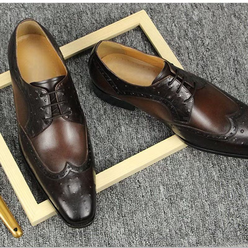 Sapatos Formais Masculinos Modernos Casamento Couro Brogue Sob Medida - Café