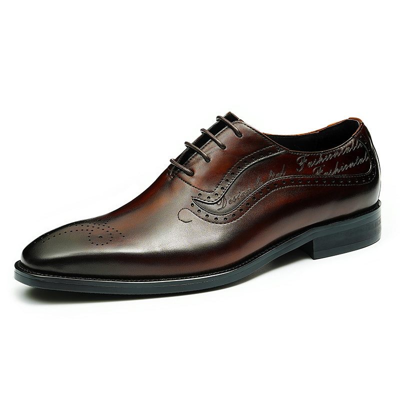 Sapatos Formais Masculinos Opulentos Esculpidos Brogue Biqueira Pontuda Com Cadarços - Café