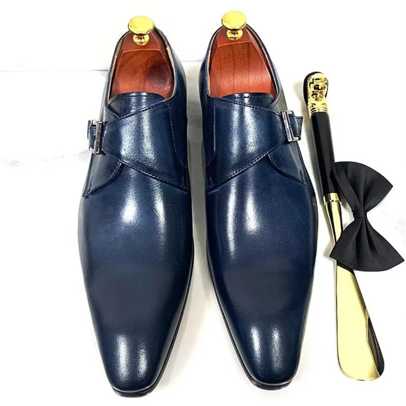 Sapatos Formais Masculinos Opulentos Sociais Couro Genuíno Com Bico Fino - Azul Escuro