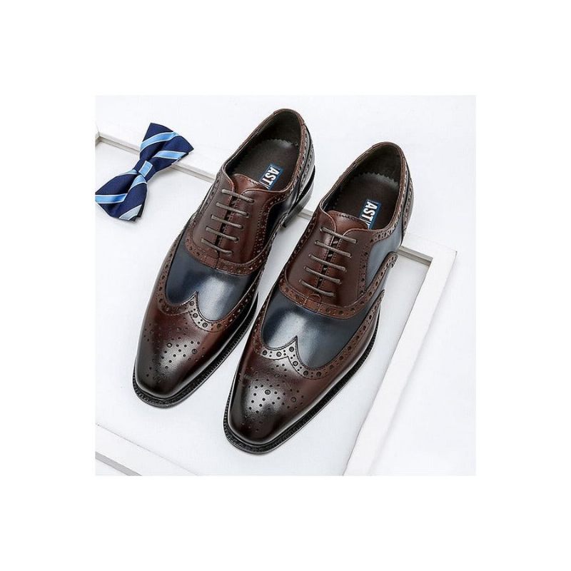 Sapatos Formais Masculinos Wingtip Leather Lace-up Oxfords - Azul