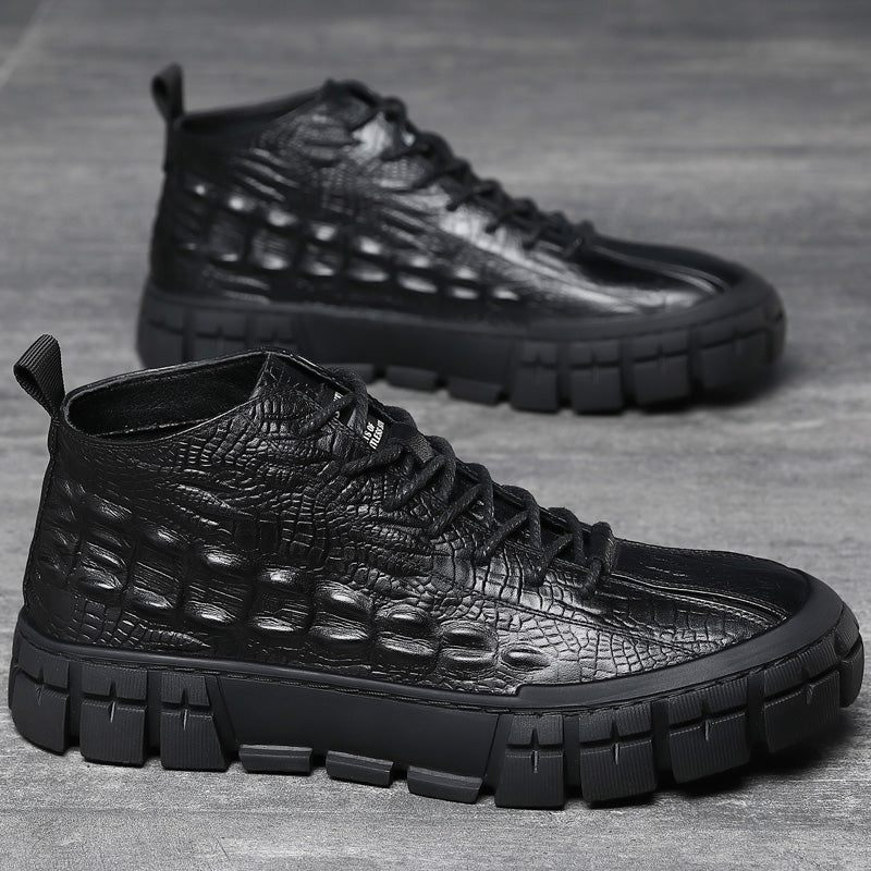Tênis Masculino Com Plataforma Couro Cadarço E Sapatos Casuais - Preto